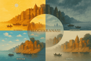 Illustration of Varanasi through four seasons – hot summer, monsoon rains, foggy winter, and pleasant evenings.