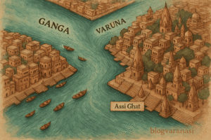Illustration showing Ganga, Varuna, and Assi rivers meeting near Varanasi with ghats on the banks.