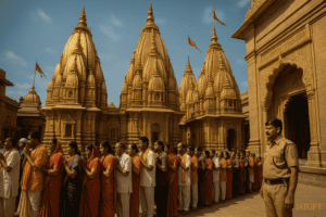 Kashi Vishwanath Temple with golden domes and devotees waiting in line for darshan.

