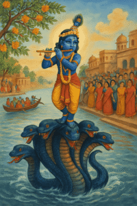 Krishna enactment during Nag Nathaiya with boy standing on serpent effigy in the river.

