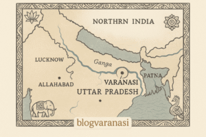 Map of northern India showing Varanasi on the Ganga River with nearby cities marked.