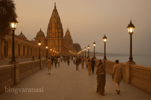 New Kashi Vishwanath Corridor pathway linking temple to the ghats, lit by lamps and filled with devotees.

