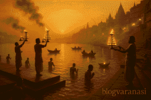 Priests and pilgrims at sunrise on the Ganga in Varanasi during morning rituals.