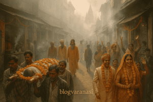 Scene in Varanasi showing contrast of funeral and wedding processions passing each other on narrow streets.

