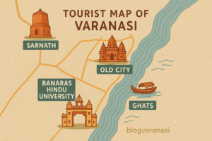 Simplified tourist navigation map of Varanasi showing Old City, Ghats, BHU, and Sarnath.