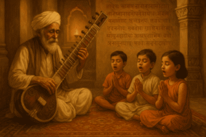 Sitar player with children chanting Sanskrit verses in a traditional Varanasi temple.

