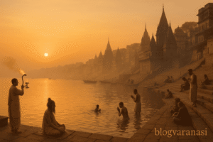 Sunrise over Varanasi ghats with priests and sadhus performing morning rituals by the Ganga River.