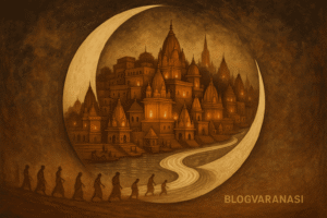 Symbolic artwork of Varanasi city shaped like a crescent with temples and the Ganga River.