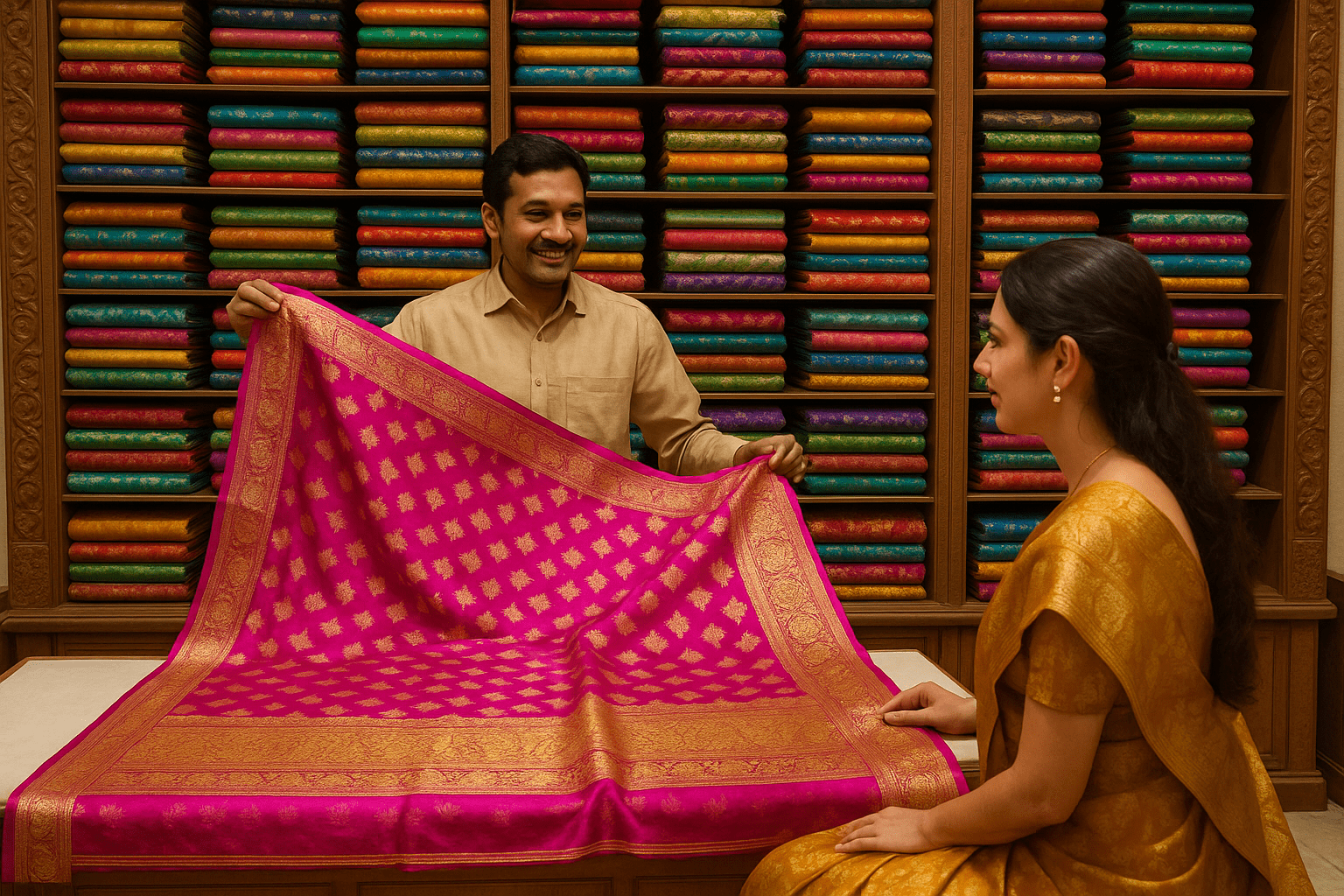 Banarasi silk sarees with zari embroidery displayed in a Varanasi market.