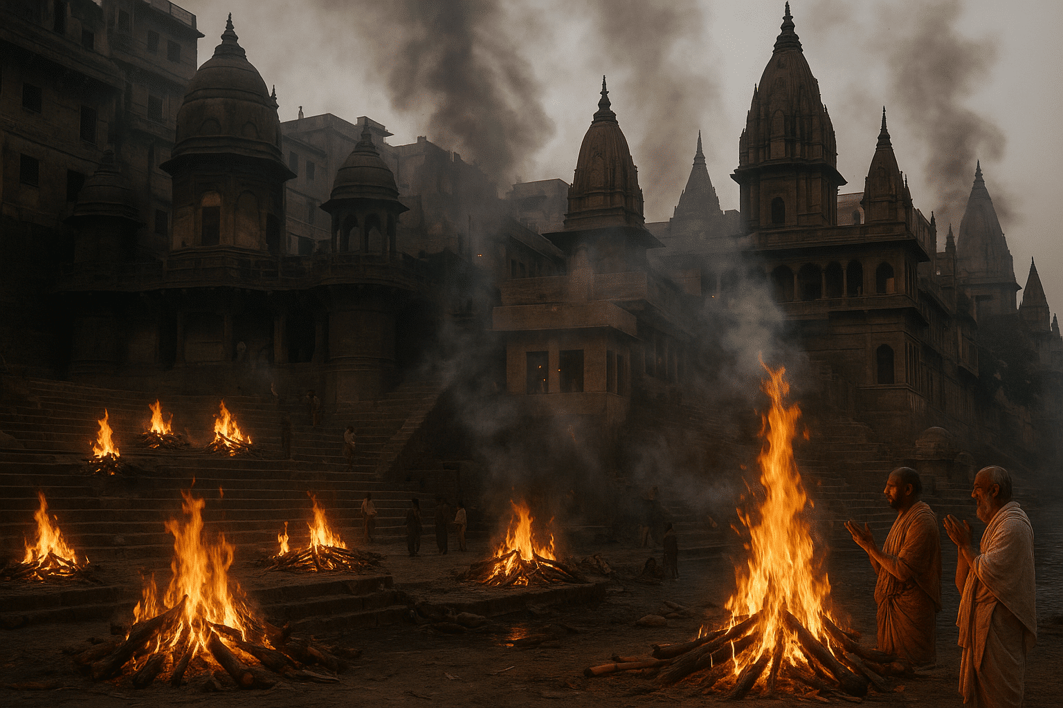 Cremation rituals with glowing pyres at Manikarnika Ghat, Varanasi.