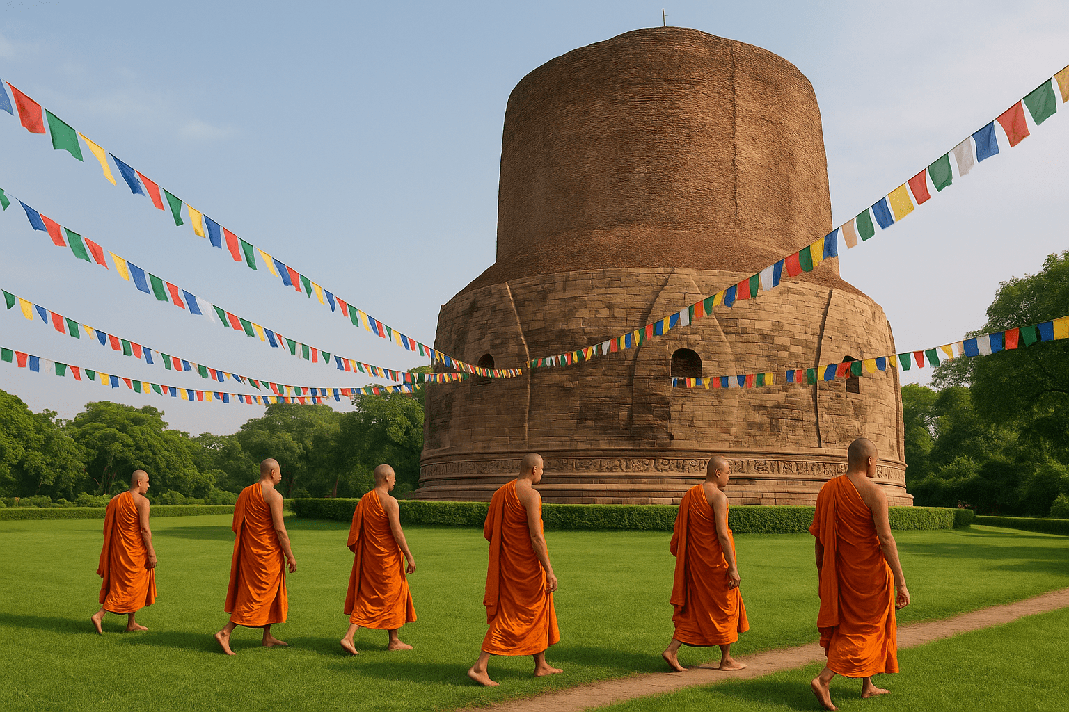 Dhamek Stupa in Sarnath with monks meditating nearby.