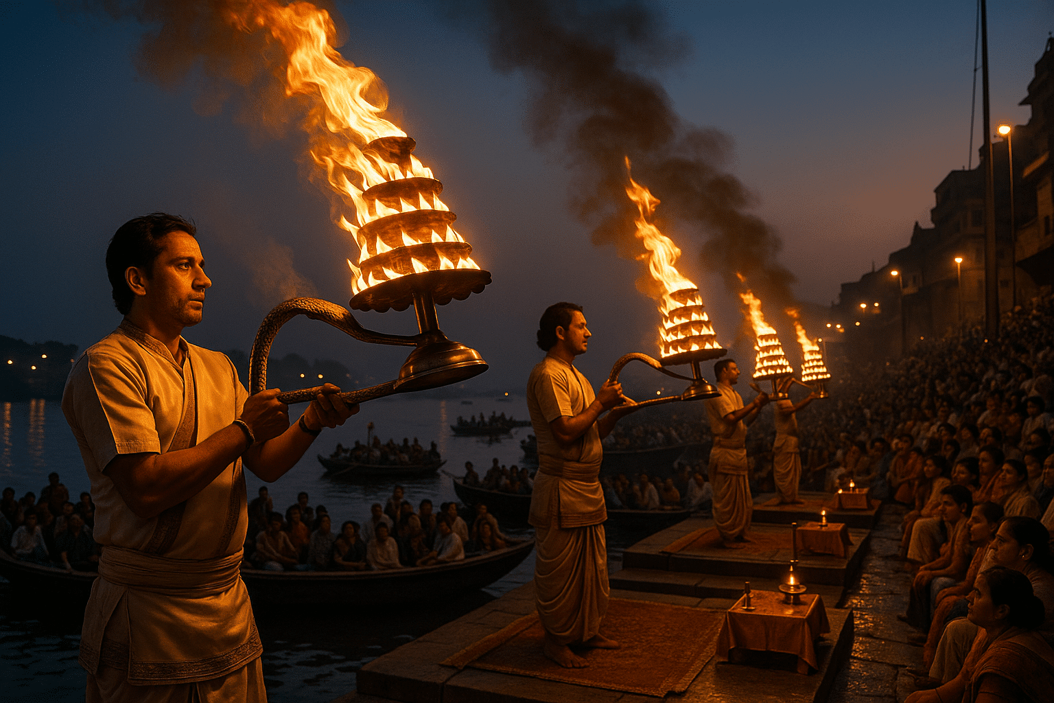 Evening Ganga Aarti at Dashashwamedh Ghat with priests holding blazing lamps.