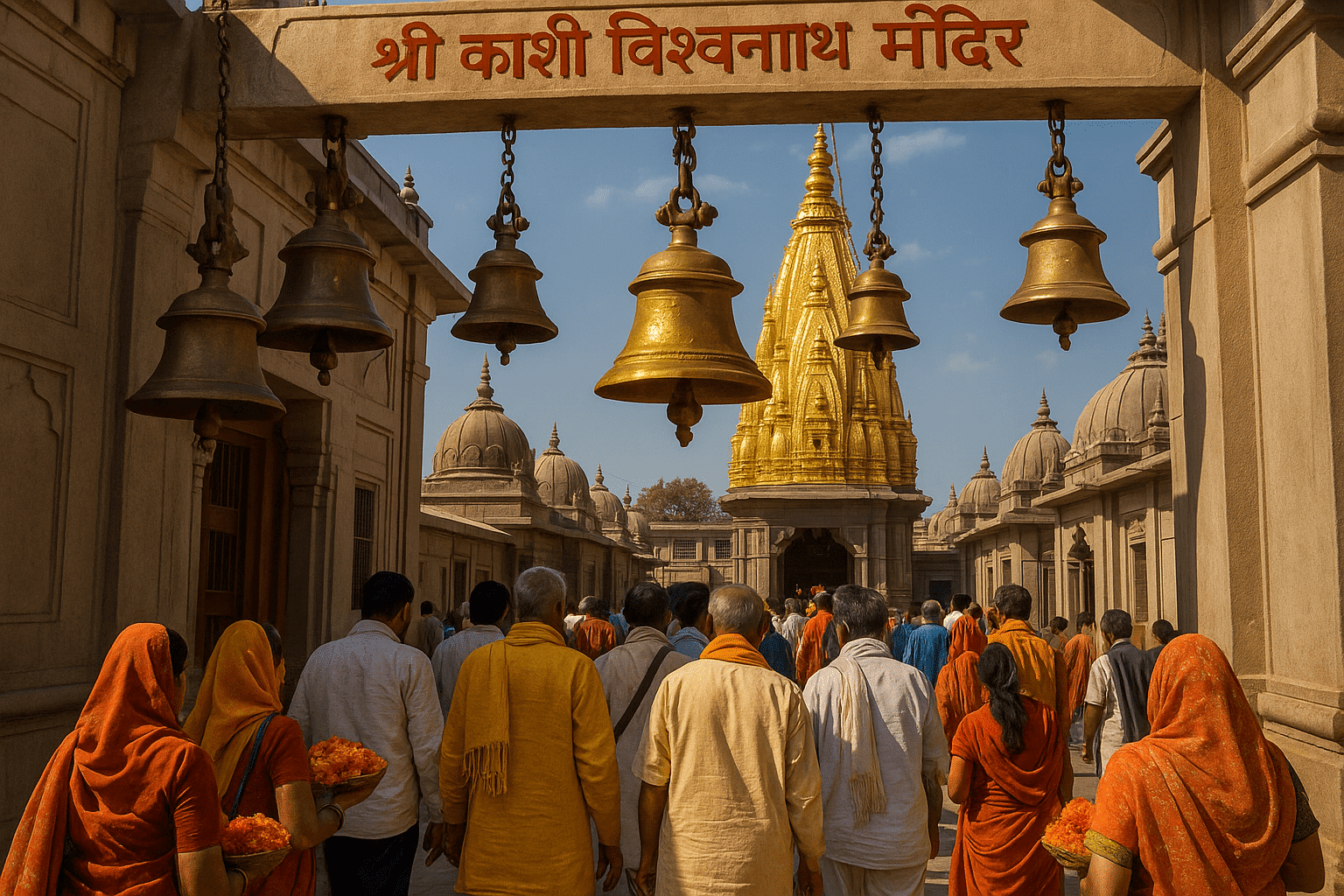 Golden spire of Shri Kashi Vishwanath Temple with devotees offering prayers.