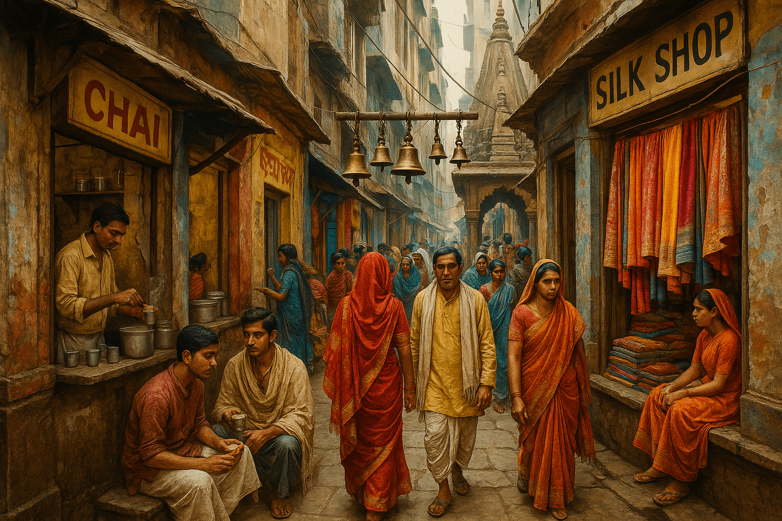 Narrow streets of Old Varanasi with chai stalls, silk shops, and temple bells.