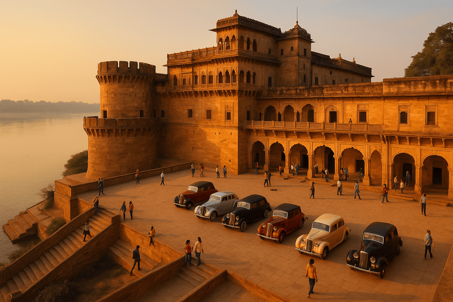 Ramnagar Fort on the banks of the Ganga River glowing at sunset.