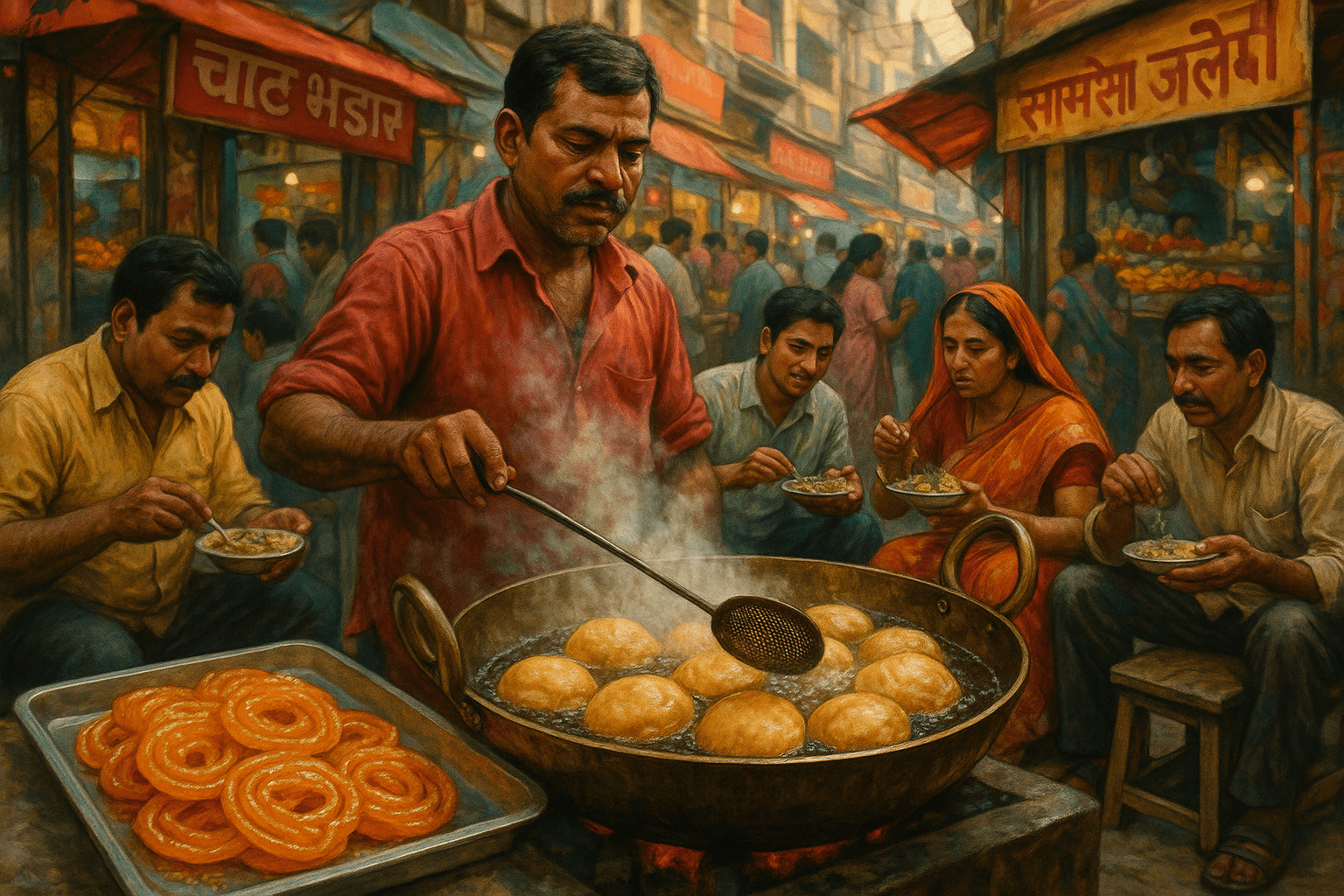 Street food stalls in Varanasi serving chaat, kachoris, jalebis, and lassi.