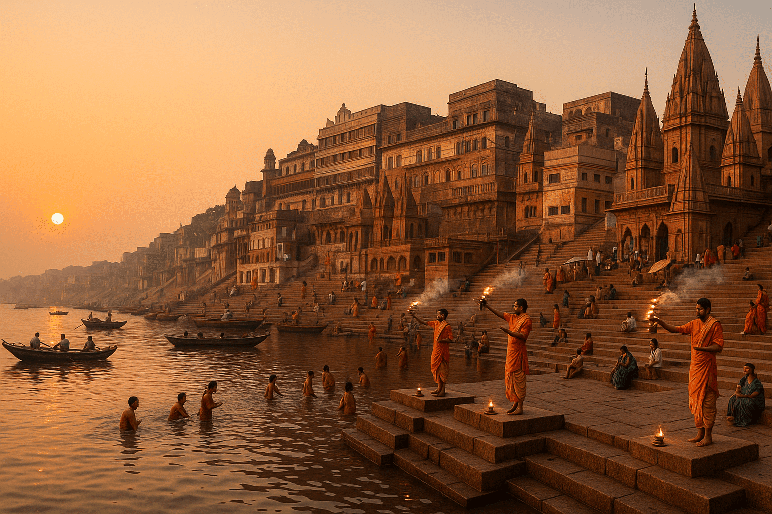 Sunrise view of Dashashwamedh Ghat with boats, devotees, and golden light on the Ganga River.