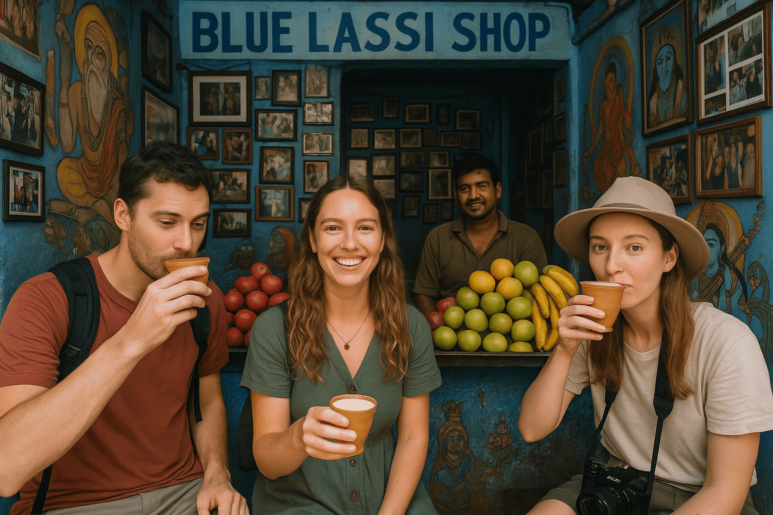 Traditional clay cups filled with lassi at the famous Blue Lassi Shop in Varanasi.