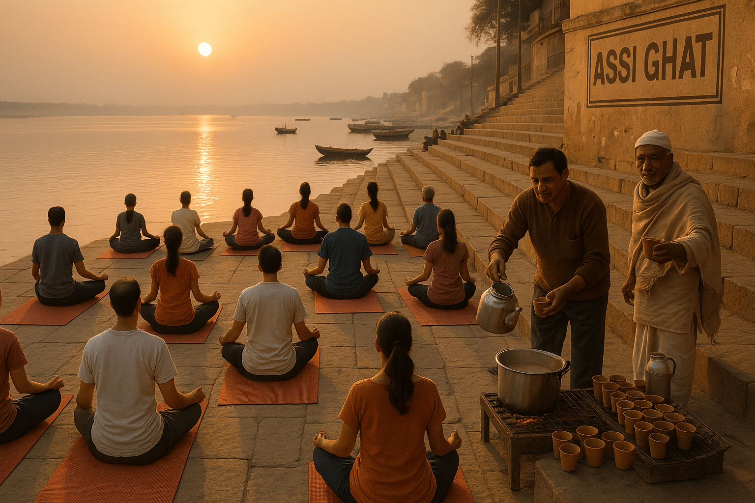 Travelers and locals practicing yoga at sunrise on Assi Ghat.